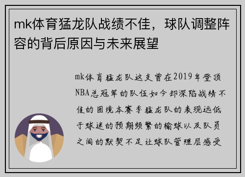 mk体育猛龙队战绩不佳，球队调整阵容的背后原因与未来展望